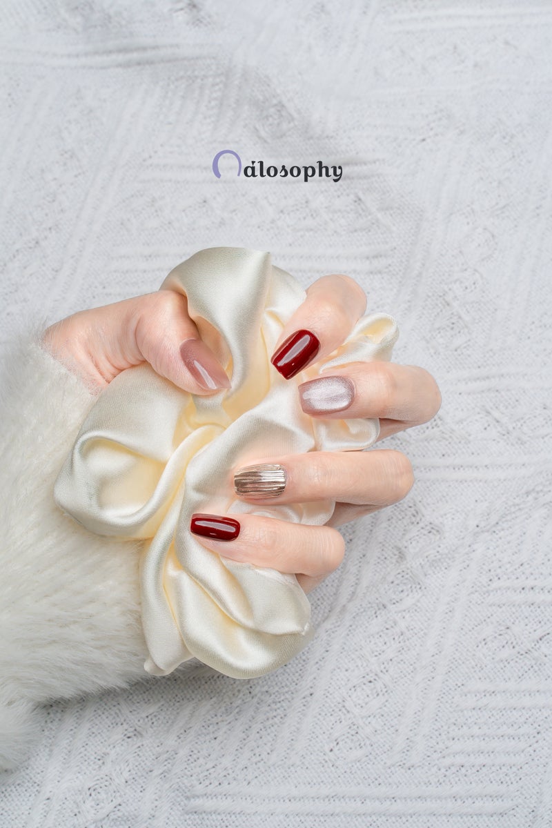Nailosophy Handmade Luxury Press-on Nails Burgundy Red & Champagne Ripple | Square Shape - Image 5